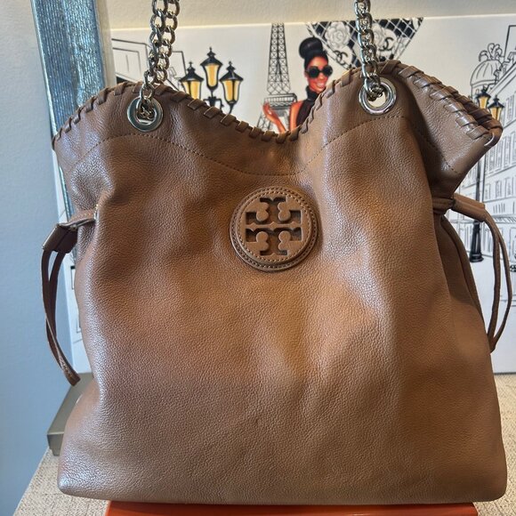Tory Burch "Marion" Cognac Brown Pebbled Leather Large Slouchy Shopper Tote - Picture 3 of 16